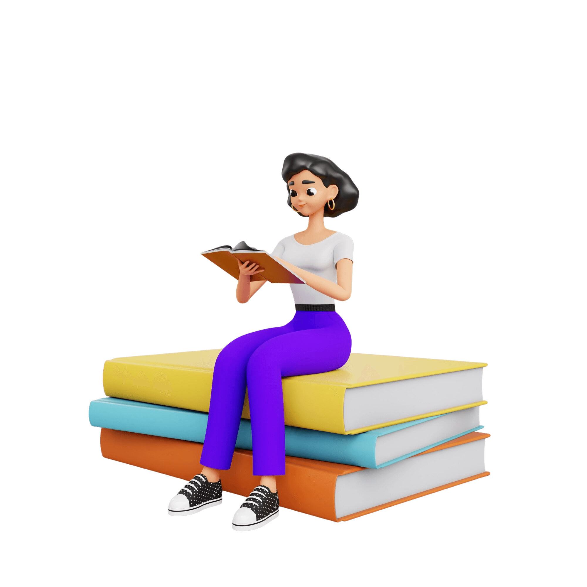 Illustration of a female student sitting on a stack of large books and reading a book